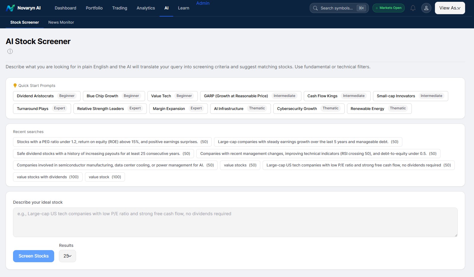 AI Stock Screener showing natural-language prompts and screening results.