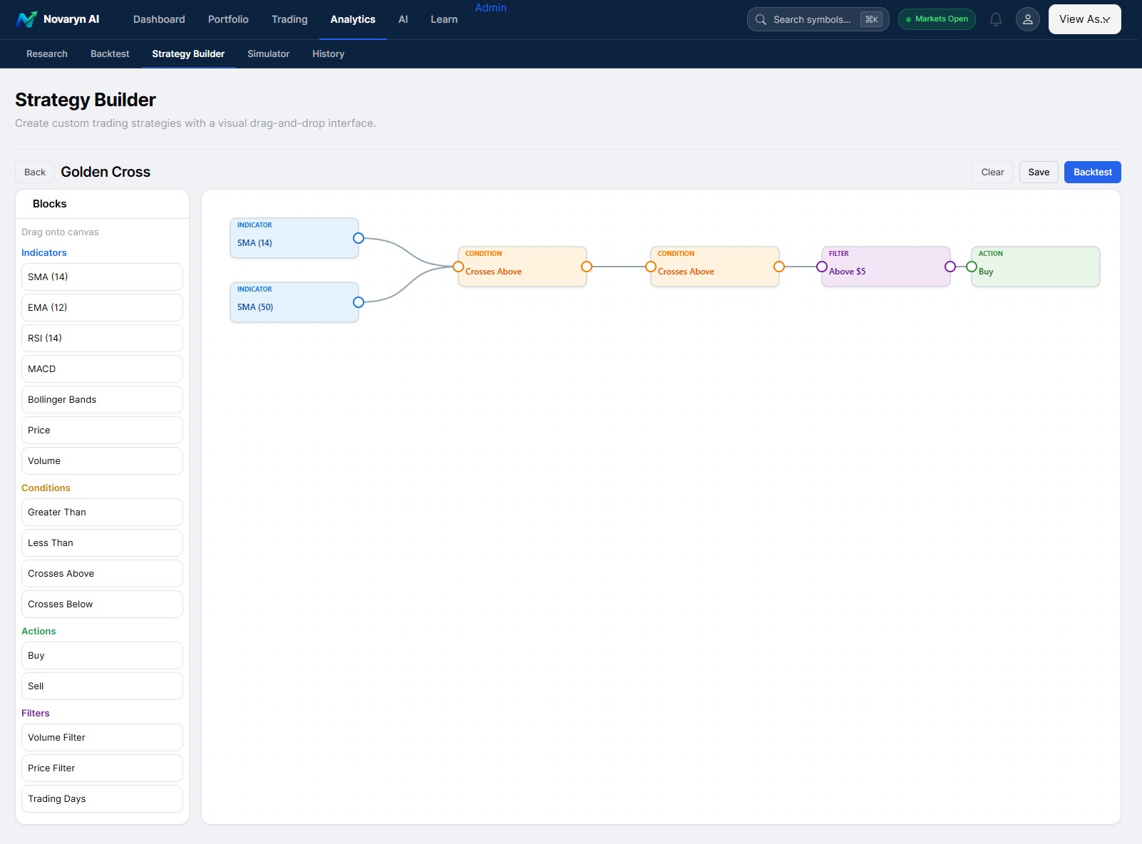 Strategy Builder showing a visual, drag-and-drop rules workflow.
